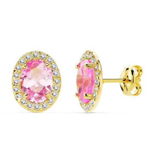 Pendientes elegantes en oro 18k con piedras rosa y blanca cierre a presión