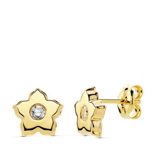 Pendientes pequeños de oro 18k flor con circonita