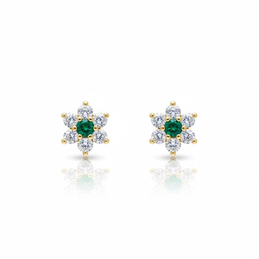 Pendientes pequeños motivo flor de oro 18k con piedra en tono verde