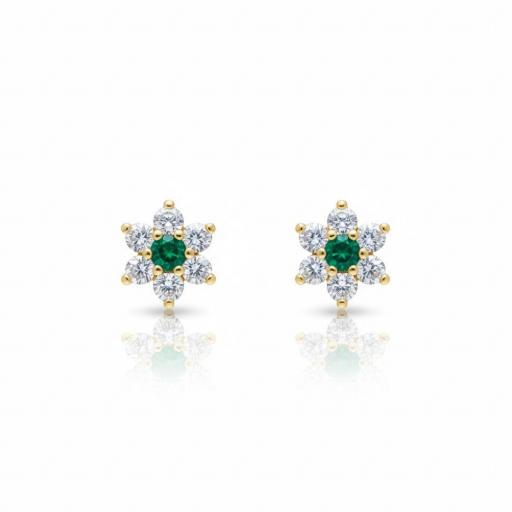 Pendientes pequeños motivo flor de oro 18k con piedra en tono verde