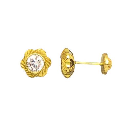 Pendientes tallados flor con circonita blanca de oro 18k con rosca