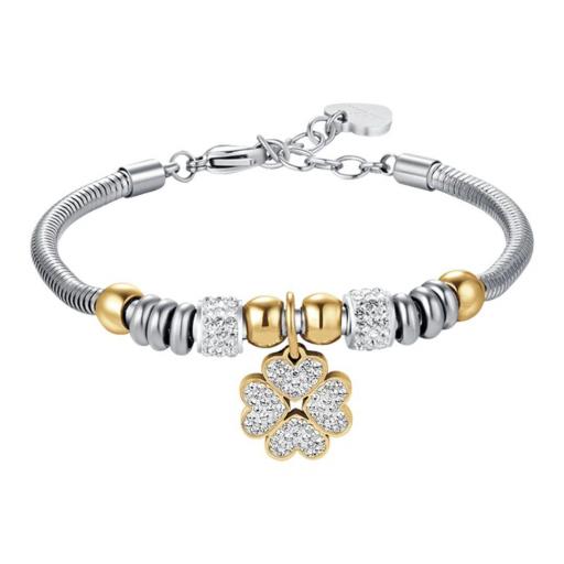 Pulsera Bicolor Mujer en Acero Inoxidable – Cadena Topo con Trébol de la Suerte