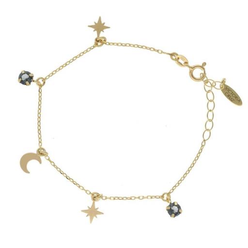 Pulsera Firmamento Luna & Stars en Plata bañada en Oro 18K con Cristal Azul – Ajustable [0]