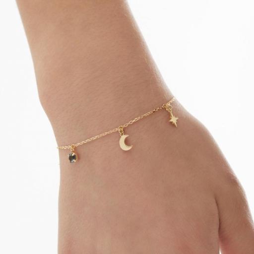 Pulsera Firmamento Luna & Stars en Plata bañada en Oro 18K con Cristal Azul – Ajustable [1]