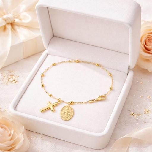 Pulsera Oro 18k Cruz y Medalla Milagrosa – Regalo Especial con Significado [1]