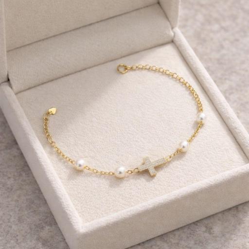 Pulsera Plata Chapada con Cruz y Perlas Blancas [2]