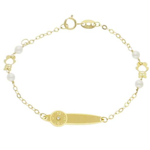 Pulsera 14 cm con perlas para bebe con placa motivó reloj y ositos de oro 18k 