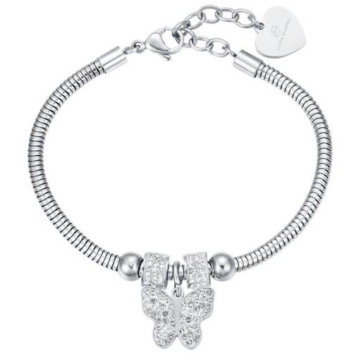 Pulsera de Acero con Mariposa Central y Cristales Blancos – Cola de Topo con Alargador