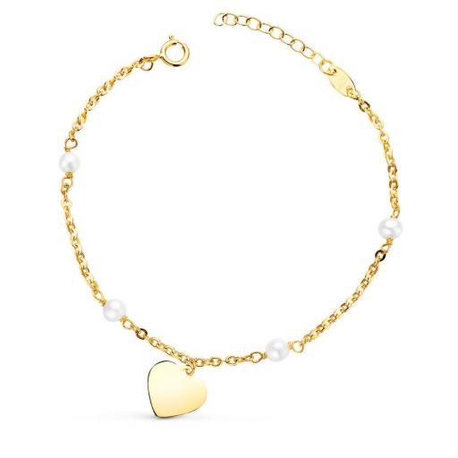 Pulsera de Oro Amarillo 18K con Perlas 3.5 mm y Corazón 10 mm – Regalo para Niña