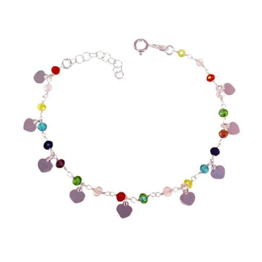 Pulsera de bolitas de colores con corazones colgantes 