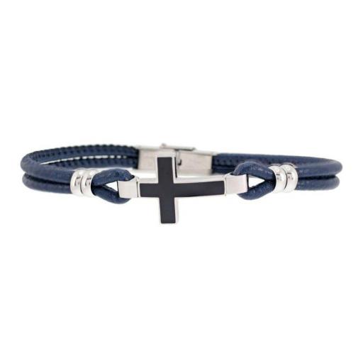  Pulsera de hombre de acero y piel con cruz