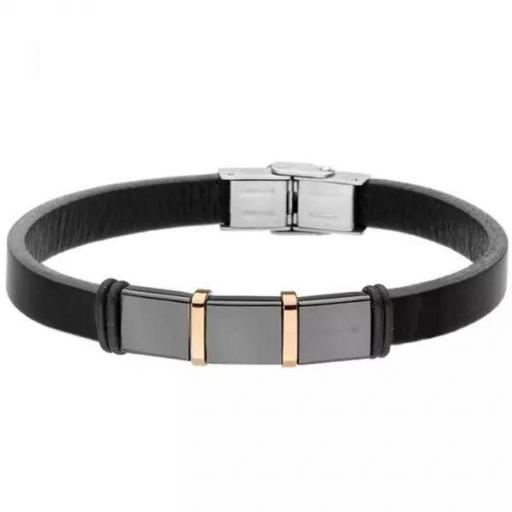 Pulsera de hombre de cuero negro con adornos de acero modelo 659