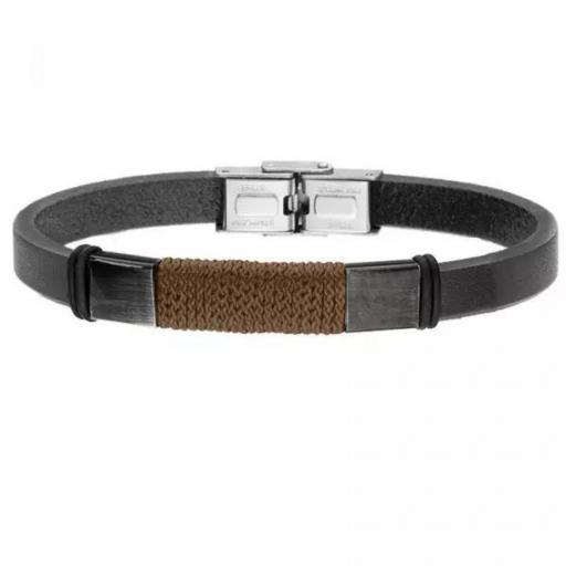 Pulsera de hombre de cuero negro con adornos de acero modelo 7040