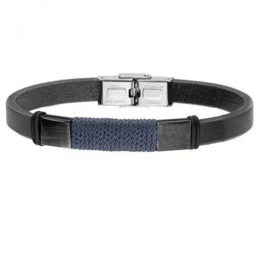 Pulsera de hombre de cuero negro con adornos de acero modelo 7042