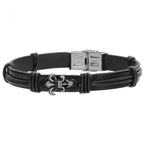  Pulsera de hombre negro fabricada en cuero natural flor de lis