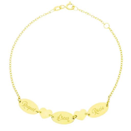 Pulsera personalizada de oro 18k con chapas - nombres con corazones