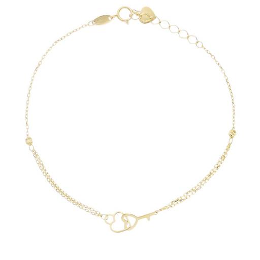 Pulsera de oro amarillo 18K con forma de llave y corazon