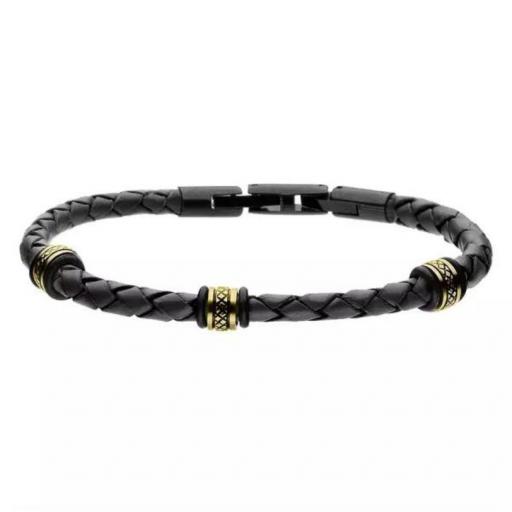 Pulsera moderna de hombre con dijes chapadas en oro y correa trenzada negra