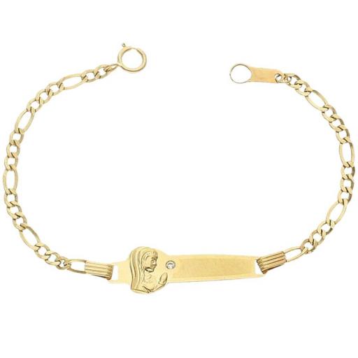 Pulsera oro 18k en forma de virgen niña circonita de 14.5 cm