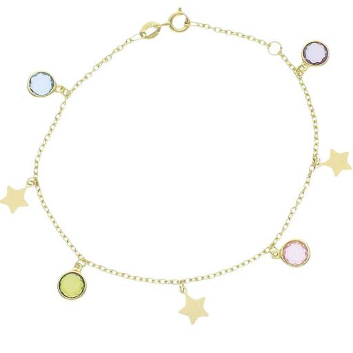  Pulsera oro 18k estrellas y bolitas de colores