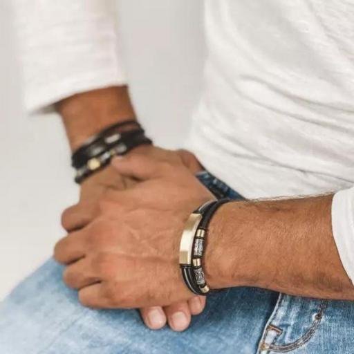 Pulsera para hombre de cuero negro y placa [1]