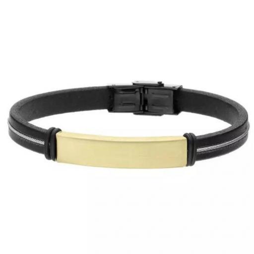 Pulsera para hombre de cuero negro y placa