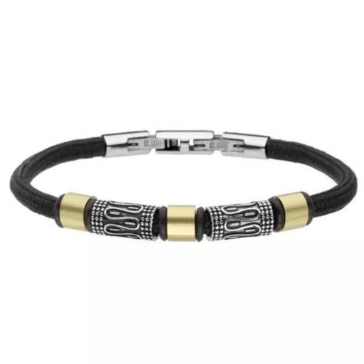 Pulsera para hombre en tono dorado y plateado con adornos de acero inoxidable y cordón negro