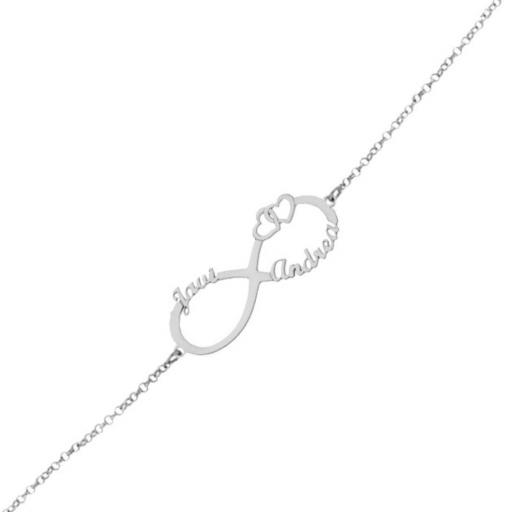 Pulsera personalizada de plata INFINITO con dos nombres y corazón