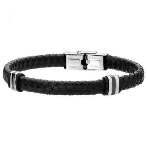 Pulsera trenzada para hombre con cuentas de acero inoxidable en tono negro-plata