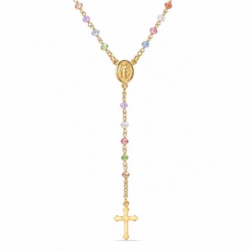 Rosario en plata chapada en oro con Virgen Milagrosa y cruz de colores – Elegancia espiritual con un toque único