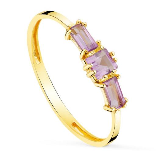 Sortija Oro Amarillo 18K con 3 Amatistas Naturales – Elegante y Fina [0]