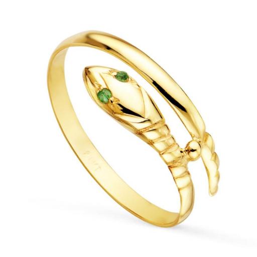 Sortija Serpiente Oro Amarillo 18K – 1 Vuelta con Ojos de Circonita Verde