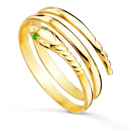 Sortija Serpiente Oro Amarillo 18K – 2 Vueltas con Ojos de Esmeralda