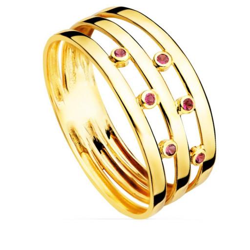 Sortija en Oro Amarillo 18K con Bandas de Piedras Rojas – Estilo y Sofisticación