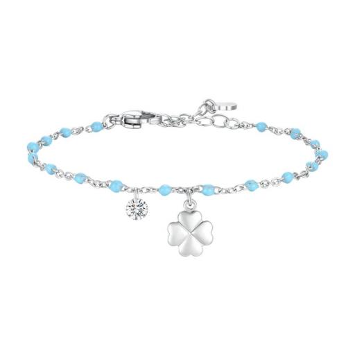Tobillera de acero plateado con bolitas esmaltadas azul y colgante trébol – ajustable