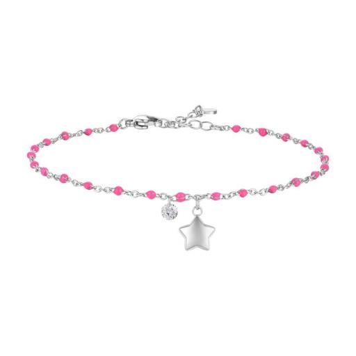 Tobillera de acero plateado con esmaltes rosa y colgantes – ajustable con caja de regalo