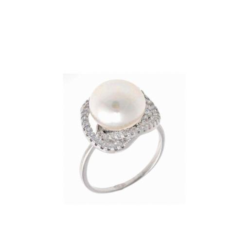 Anillo de plata con perla y circonitas blancas alrededor Talla 14