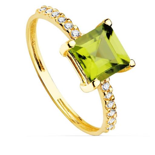  Anillo de oro 18k con piedra cuadrada peridoto y circonitas blancas