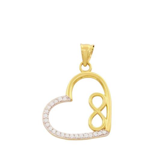 Colgante de Corazón Bicolor + Infinito en Oro 18K con Circonitas – Amor Eterno con Brillo