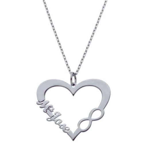 Collar personalizado de plata corazón con infinito y nombre