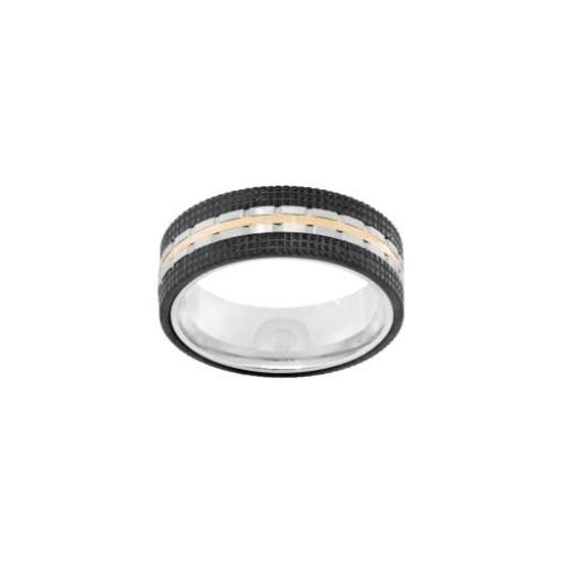 Anillo de Acero con piedras negras, plateado y oro rosa
