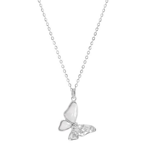 Collar de plata plateados con forma de mariposa con perla y circonitas blancas