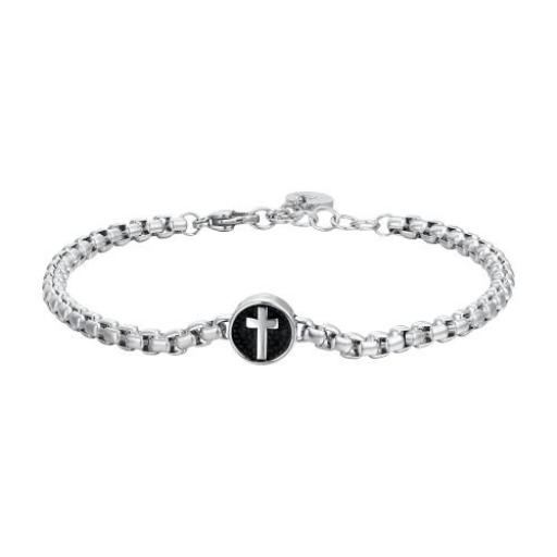 Pulsera clásica de barbada de acero inoxidable plateada con cruz