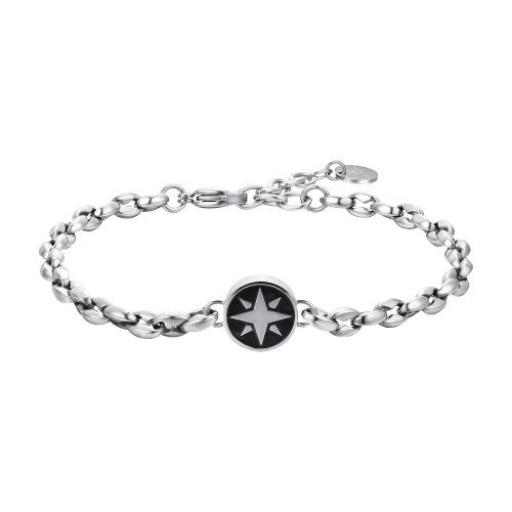 Pulsera clásica de barbada de acero inoxidable plateada con rosa de viento