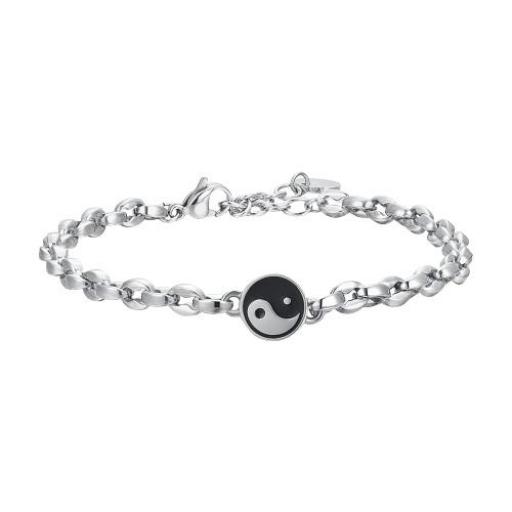Pulsera clásica de barbada de acero inoxidable plateada con Ying y Yang
