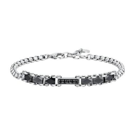 Pulsera clásica de barbada de acero inoxidable plateado y negro con circonia negras brillantes