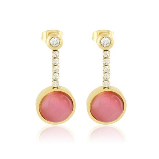 Pendientes colgantes de acero con circonitas blancas y cristal rosa