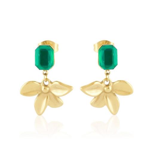 Pendientes de acero flor con cristal verde