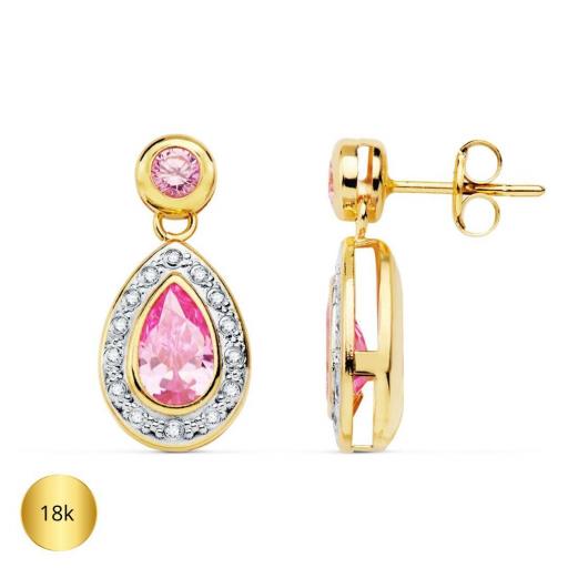 Pendientes colgantes bicolor en oro 18k con piedras rosa