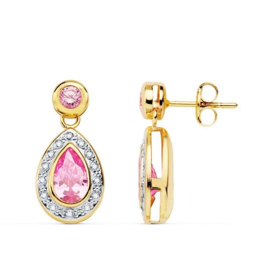 Pendientes colgantes bicolor en oro 18k con piedras rosa [1]